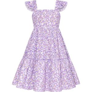 GRACE KARIN Girls Floral Dress Tie Back Flutter Sleeves Casual Summer Dress for 5-12Y(Dark Purple Floral)