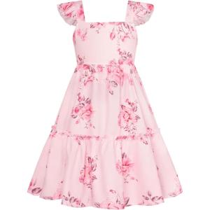 GRACE KARIN Girls Floral Dress Tie Back Flutter Sleeves Casual Summer Dress for 5-12Y(Light Pink Flower)