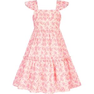 GRACE KARIN Girls Floral Dress Tie Back Flutter Sleeves Casual Summer Dress for 5-12Y(Pink Floral)
