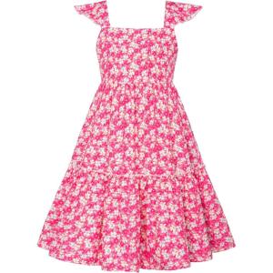 GRACE KARIN Girls Floral Dress Tie Back Flutter Sleeves Casual Summer Dress for 5-12Y(Rose Red Floral)