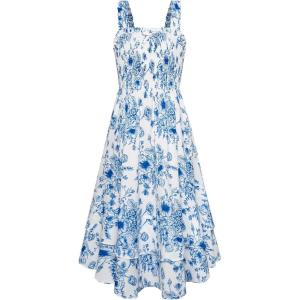 GRACE KARIN Girls Floral Maxi Dress Square Neck Wide Straps Smocked Summer Spring Flowy Dress 5-14Y(Blue White Floral)
