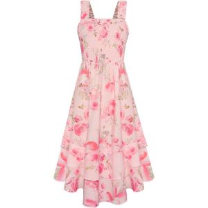 GRACE KARIN Girls Floral Maxi Dress Square Neck Wide Straps Smocked Summer Spring Flowy Dress 5-14Y(Light Pink Floral)