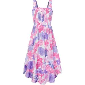 GRACE KARIN Girls Floral Maxi Dress Square Neck Wide Straps Smocked Summer Spring Flowy Dress 5-14Y(Pink Purple Tropical)