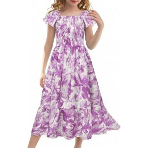 GRACE KARIN Girls Flutter Sleeve Floral Dresses Girl Long Midi Spring Dress Kids Smocked Flare Summer Dress 6-16Y(Dark Purple Floral)