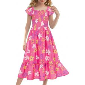 GRACE KARIN Girls Flutter Sleeve Floral Dresses Girl Long Midi Spring Dress Kids Smocked Flare Summer Dress 6-16Y(Flowers on Hot Pink)