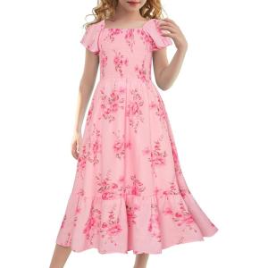 GRACE KARIN Girls Flutter Sleeve Floral Dresses Girl Long Midi Spring Dress Kids Smocked Flare Summer Dress 6-16Y(Flowers on Light Pink)