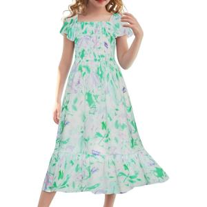 GRACE KARIN Girls Flutter Sleeve Floral Dresses Girl Long Midi Spring Dress Kids Smocked Flare Summer Dress 6-16Y(Green Floral)