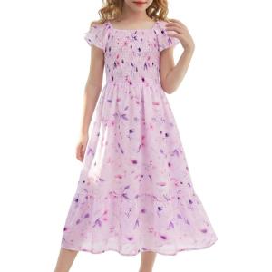GRACE KARIN Girls Flutter Sleeve Floral Dresses Girl Long Midi Spring Dress Kids Smocked Flare Summer Dress 6-16Y(Lilac Pink Floral)