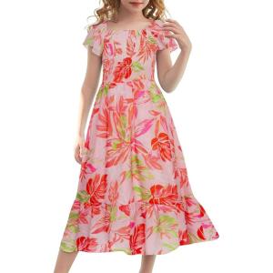 GRACE KARIN Girls Flutter Sleeve Floral Dresses Girl Long Midi Spring Dress Kids Smocked Flare Summer Dress 6-16Y(Pink Floral)