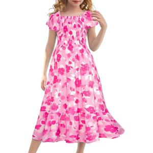 GRACE KARIN Girls Flutter Sleeve Floral Dresses Girl Long Midi Spring Dress Kids Smocked Flare Summer Dress 6-16Y(Rose Red Flowers)