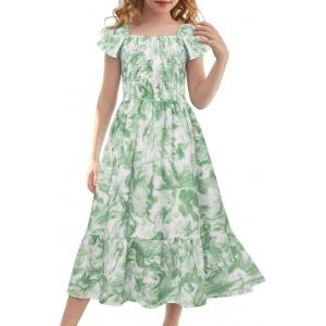 GRACE KARIN Girls Flutter Sleeve Floral Dresses Girl Long Midi Spring Dress Kids Smocked Flare Summer Dress 6-16Y(Sage Green Floral)