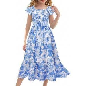 GRACE KARIN Girls Flutter Sleeve Floral Dresses Girl Long Midi Spring Dress Kids Smocked Flare Summer Dress 6-16Y(White Blue Floral)