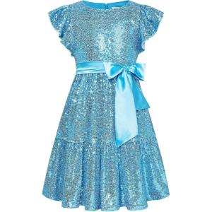 GRACE KARIN Girls Formal Party Dress Sequin Birthday Fancy Dresses Wedding Guest Dance Ruffle Dress Size 6-14(Blue)