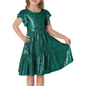 GRACE KARIN Girls Formal Party Dress Sequin Birthday Fancy Dresses Wedding Guest Dance Ruffle Dress Size 6-14(Dark Green)