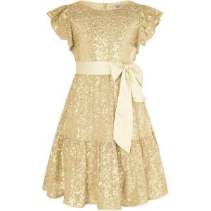 GRACE KARIN Girls Formal Party Dress Sequin Birthday Fancy Dresses Wedding Guest Dance Ruffle Dress Size 6-14(Gold)