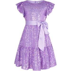 GRACE KARIN Girls Formal Party Dress Sequin Birthday Fancy Dresses Wedding Guest Dance Ruffle Dress Size 6-14(Light Purple)