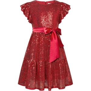 GRACE KARIN Girls Formal Party Dress Sequin Birthday Fancy Dresses Wedding Guest Dance Ruffle Dress Size 6-14(Red)