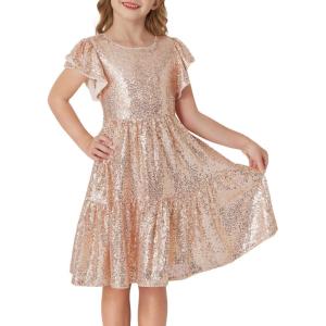 GRACE KARIN Girls Formal Party Dress Sequin Birthday Fancy Dresses Wedding Guest Dance Ruffle Dress Size 6-14(Rose Gold)