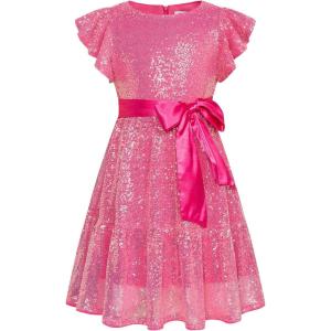 GRACE KARIN Girls Formal Party Dress Sequin Birthday Fancy Dresses Wedding Guest Dance Ruffle Dress Size 6-14(Rose Red)