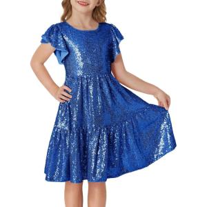 GRACE KARIN Girls Formal Party Dress Sequin Birthday Fancy Dresses Wedding Guest Dance Ruffle Dress Size 6-14(Royal Blue)
