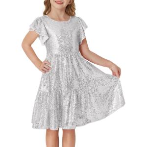 GRACE KARIN Girls Formal Party Dress Sequin Birthday Fancy Dresses Wedding Guest Dance Ruffle Dress Size 6-14(Silver)
