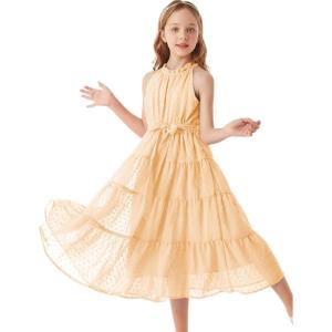 GRACE KARIN Girls Halter Neck Dress Sleeveless Casual A-line Flowy Summer Maxi Dress for 5-14 Years(Apricot)