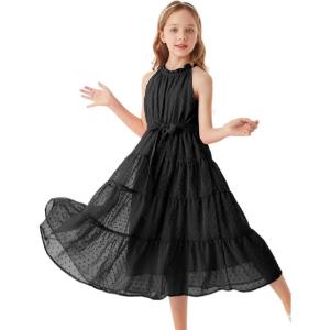 GRACE KARIN Girls Halter Neck Dress Sleeveless Casual A-line Flowy Summer Maxi Dress for 5-14 Years(Black)