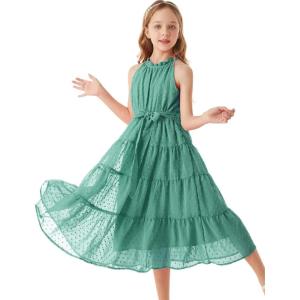 GRACE KARIN Girls Halter Neck Dress Sleeveless Casual A-line Flowy Summer Maxi Dress for 5-14 Years(Blue Green)
