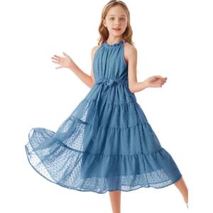 GRACE KARIN Girls Halter Neck Dress Sleeveless Casual A-line Flowy Summer Maxi Dress for 5-14 Years(Grey Blue)