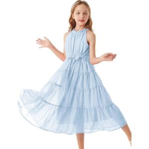 GRACE KARIN Girls Halter Neck Dress Sleeveless Casual A-line Flowy Summer Maxi Dress for 5-14 Years(Light Blue)