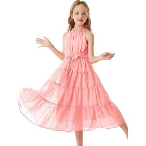 GRACE KARIN Girls Halter Neck Dress Sleeveless Casual A-line Flowy Summer Maxi Dress for 5-14 Years(Light Pink)
