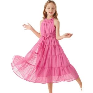 GRACE KARIN Girls Halter Neck Dress Sleeveless Casual A-line Flowy Summer Maxi Dress for 5-14 Years(Pink)