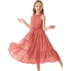 GRACE KARIN Girls Halter Neck Dress Sleeveless Casual A-line Flowy Summer Maxi Dress for 5-14 Years(Pink1)