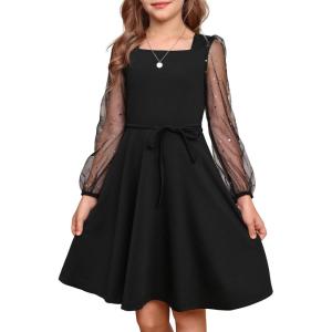 GRACE KARIN Girls Long Sleeve Dress Party Formal Contrast Mesh Puff High Waist Tie Square Neck 6-12 Years(Black)