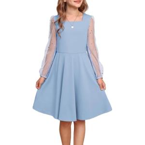 GRACE KARIN Girls Long Sleeve Dress Party Formal Contrast Mesh Puff High Waist Tie Square Neck 6-12 Years(Light Blue)