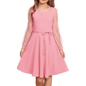 GRACE KARIN Girls Long Sleeve Dress Party Formal Contrast Mesh Puff High Waist Tie Square Neck 6-12 Years(Pink)