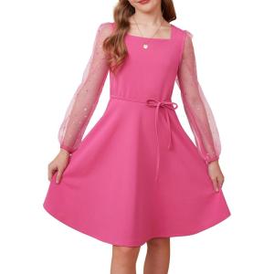 GRACE KARIN Girls Long Sleeve Dress Party Formal Contrast Mesh Puff High Waist Tie Square Neck 6-12 Years(Rose Red)