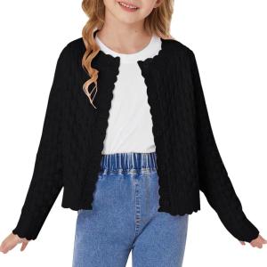 GRACE KARIN Girls Long Sleeve Sweater Cardigan Kids Cropped Cable Knit Button Front Sweaters 6-13Y(Black)