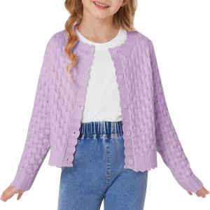 GRACE KARIN Girls Long Sleeve Sweater Cardigan Kids Cropped Cable Knit Button Front Sweaters 6-13Y(Lavender)