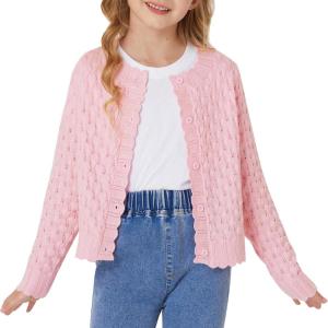 GRACE KARIN Girls Long Sleeve Sweater Cardigan Kids Cropped Cable Knit Button Front Sweaters 6-13Y(Light Pink)
