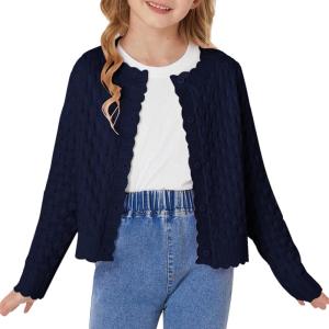 GRACE KARIN Girls Long Sleeve Sweater Cardigan Kids Cropped Cable Knit Button Front Sweaters 6-13Y(Navy Blue)