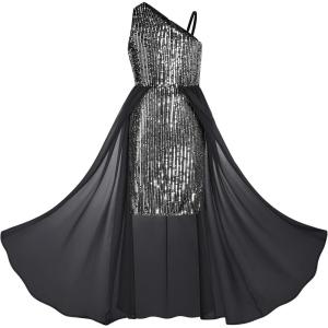GRACE KARIN Girls Sequin Formal Dress Sequin Pageant Wedding Guest Dresses Birthday Fancy One Shoulder Dress Size 6-14(Black Silver)