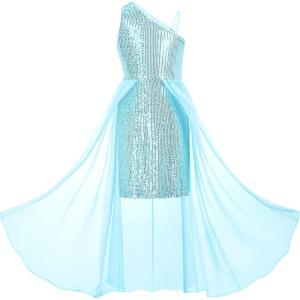 GRACE KARIN Girls Sequin Formal Dress Sequin Pageant Wedding Guest Dresses Birthday Fancy One Shoulder Dress Size 6-14(Blue)