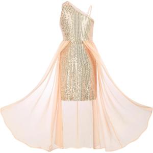 GRACE KARIN Girls Sequin Formal Dress Sequin Pageant Wedding Guest Dresses Birthday Fancy One Shoulder Dress Size 6-14(Champagne)