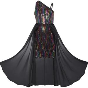GRACE KARIN Girls Sequin Formal Dress Sequin Pageant Wedding Guest Dresses Birthday Fancy One Shoulder Dress Size 6-14(Colorful Black)