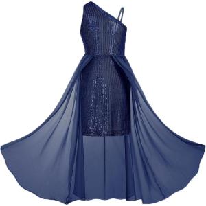 GRACE KARIN Girls Sequin Formal Dress Sequin Pageant Wedding Guest Dresses Birthday Fancy One Shoulder Dress Size 6-14(Dark Blue)