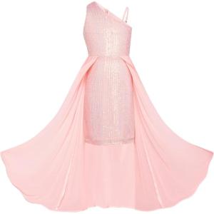 GRACE KARIN Girls Sequin Formal Dress Sequin Pageant Wedding Guest Dresses Birthday Fancy One Shoulder Dress Size 6-14(Fantasy Pink)