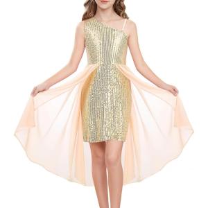 GRACE KARIN Girls Sequin Formal Dress Sequin Pageant Wedding Guest Dresses Birthday Fancy One Shoulder Dress Size 6-14(Gold)