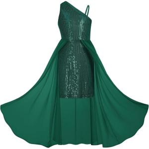 GRACE KARIN Girls Sequin Formal Dress Sequin Pageant Wedding Guest Dresses Birthday Fancy One Shoulder Dress Size 6-14(Green)