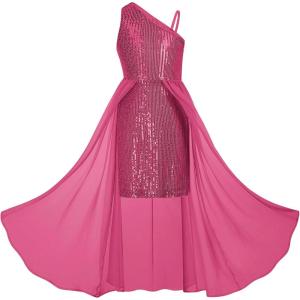 GRACE KARIN Girls Sequin Formal Dress Sequin Pageant Wedding Guest Dresses Birthday Fancy One Shoulder Dress Size 6-14(Hot Pink)